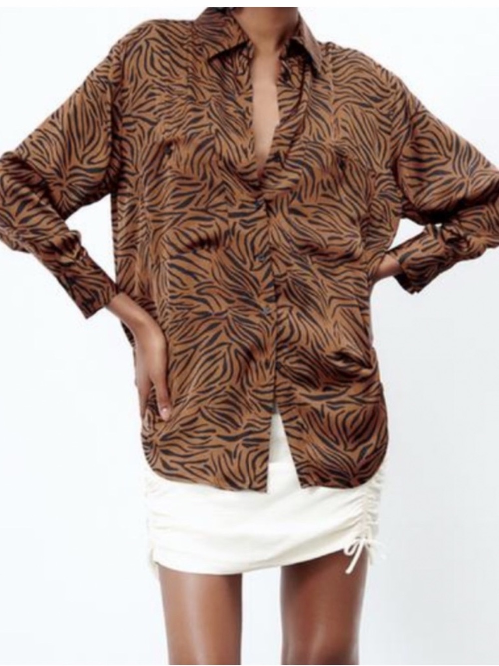 ZARA BROWN AND BLACK ZEBRA PRINT BUTTON-DOWN SHIRT
